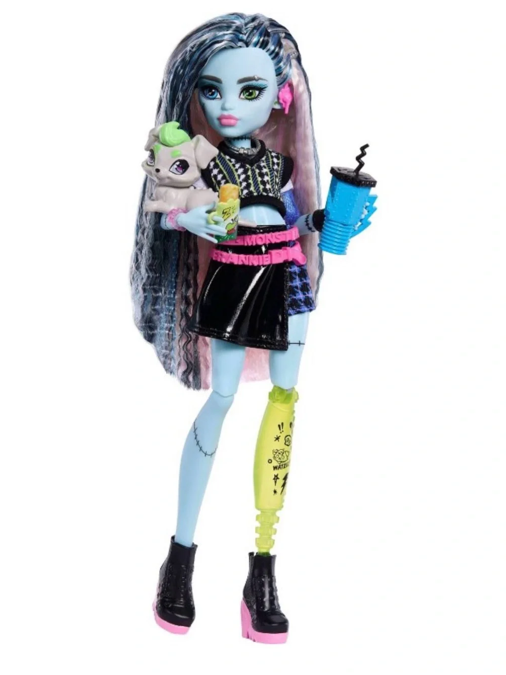 Monster High Frankie Stein Fashion Doll in Black Pleather Skirt with Pet Watzie
